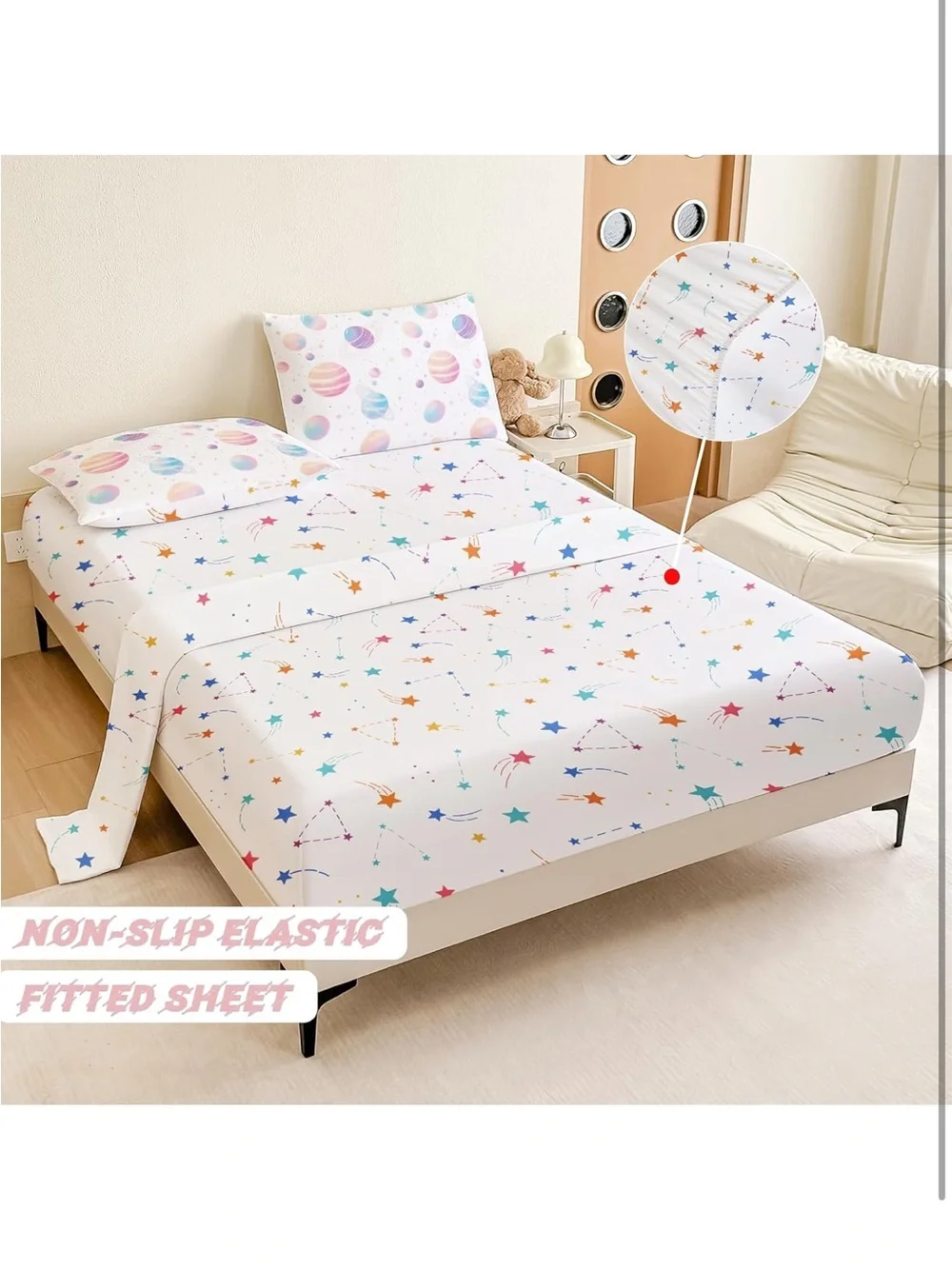 Full Space Bedding Set - 5 Piece Rocket Planet Comforter with Deep-Pocket Sheet